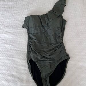 Olive green one shoulder ruffle swimsuit